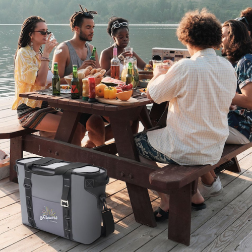 Friends enjoying picnic by the lake, soft cooler bag visible.
