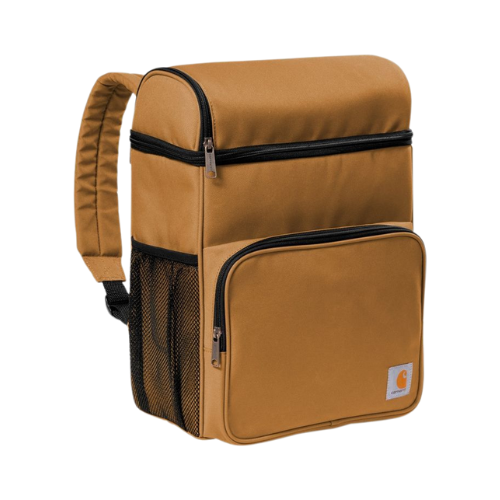 Brown insulated backpack cooler with pockets