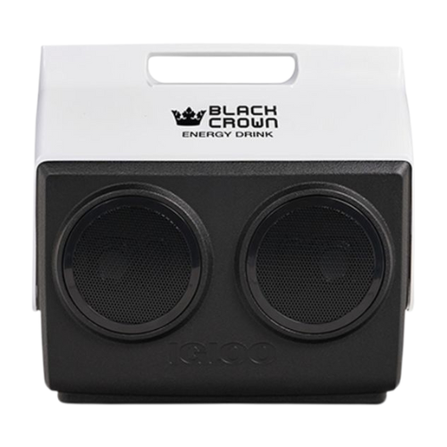 Black Crown Energy Drink cooler with dual speakers.