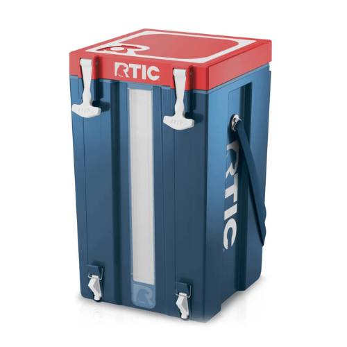 Blue RTIC cooler with red top and latches.