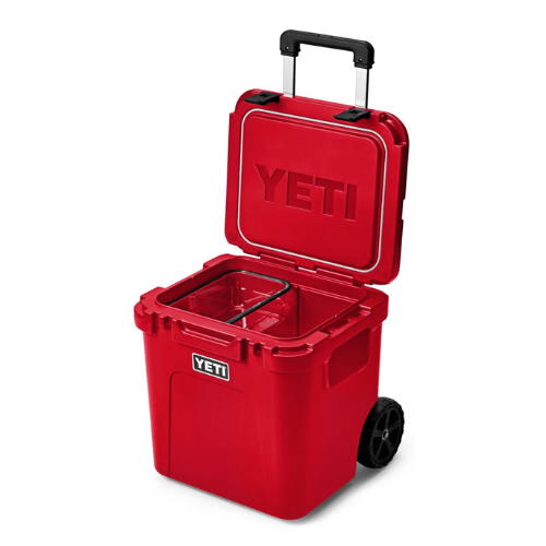 Red Yeti cooler with wheels and open lid